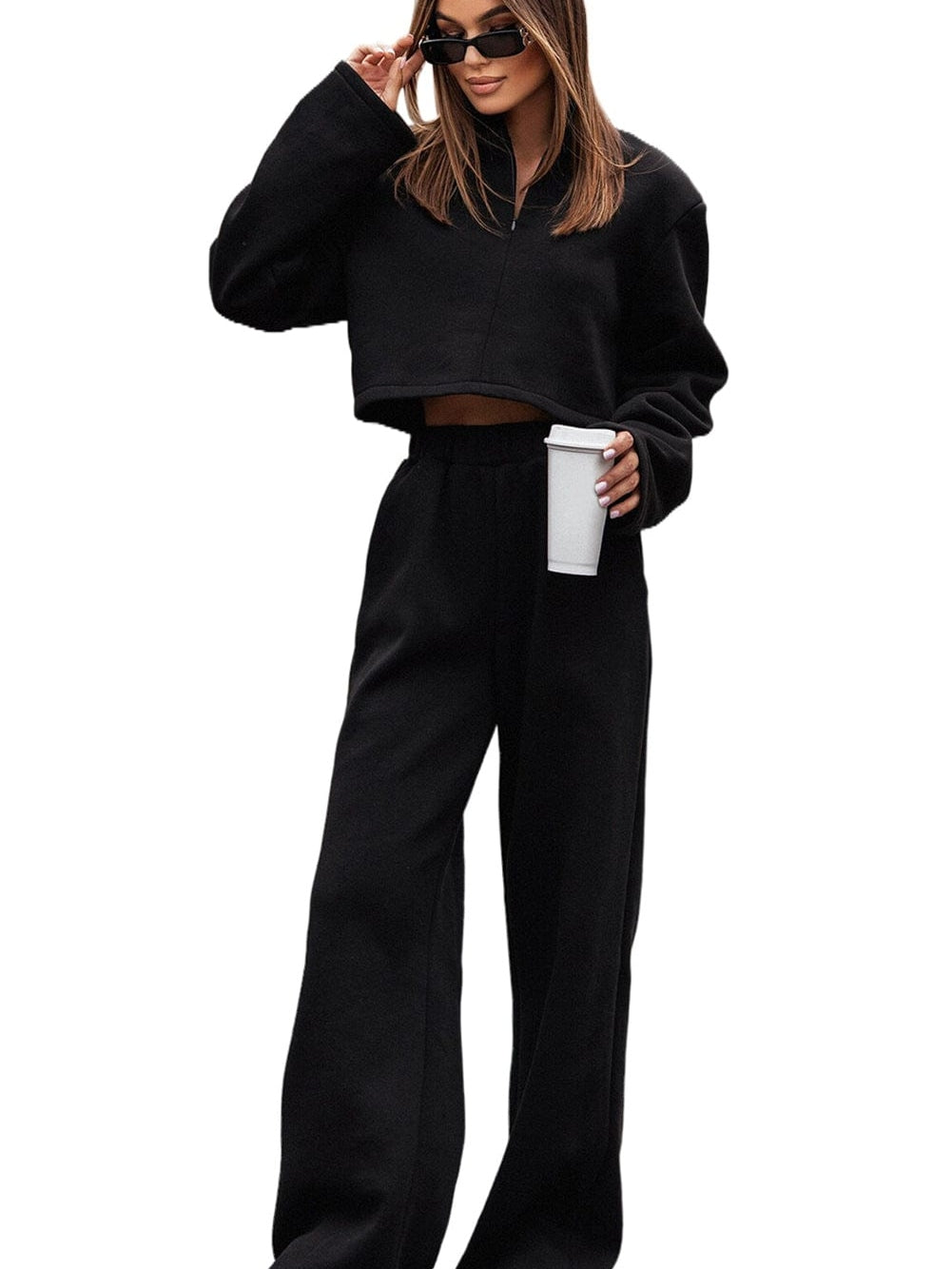 Sleek Black Zippered Collared Top and Wide Leg Pants Ensemble