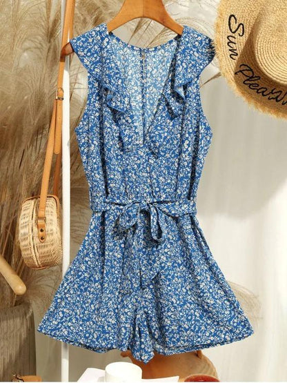 Sleeveless Ditsy Floral Belted Ruffles Romper - LuckyFash™