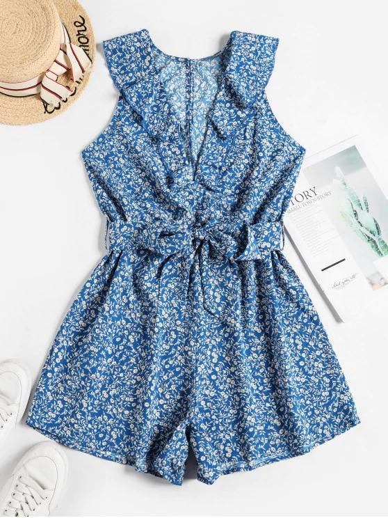 Sleeveless Ditsy Floral Belted Ruffles Romper for Women