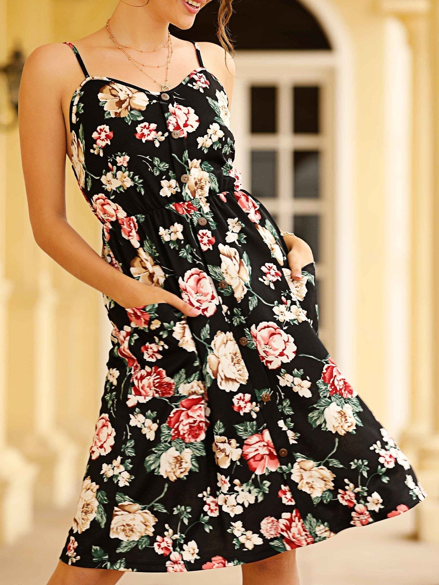 Slim-fit Flower/Dot Print Suspender Dress