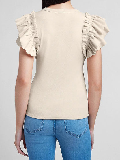 Slim Ribbed Ruffle Sleeve T-Shirt - LuckyFash™