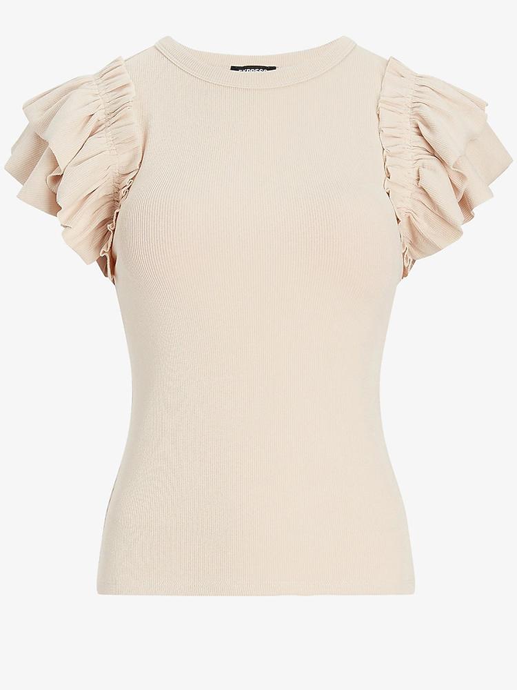 Slim Ribbed Ruffle Sleeve T-Shirt for Women