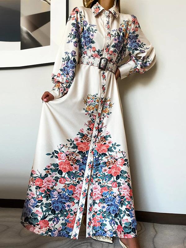 Slimming Floral Printed Lapel Long Sleeves Dresses for Women