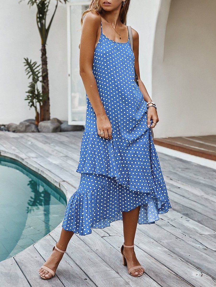 Sling Polka Dot Ruffle Layer Hem Maxi Suspender Dress - LuckyFash™