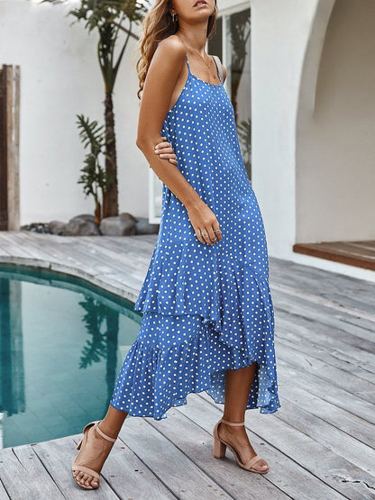 Sling Polka Dot Ruffle Layer Hem Maxi Suspender Dress - LuckyFash™