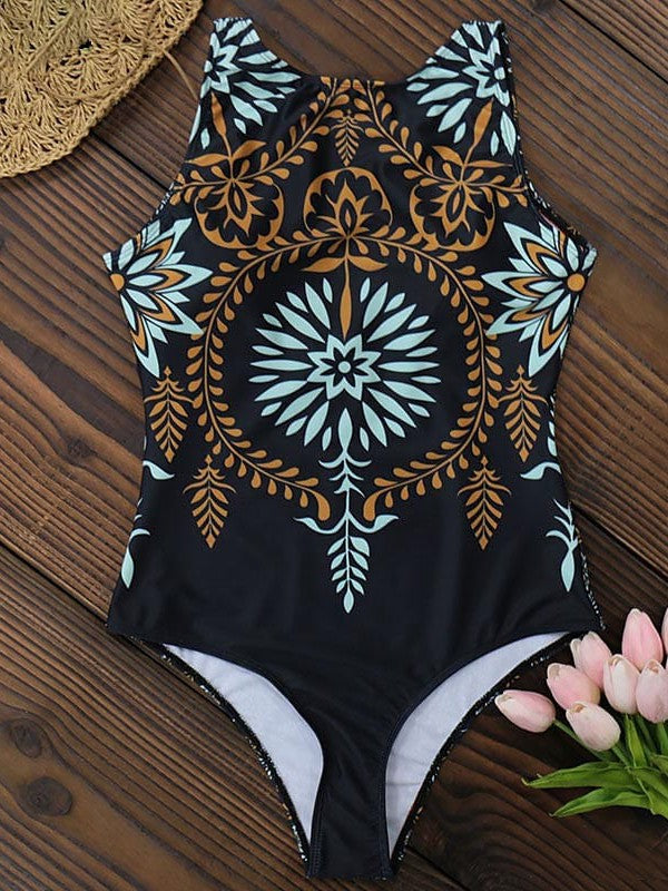 Floral Black Beige Monokini Swimsuit with Tummy Control and Padded Bras