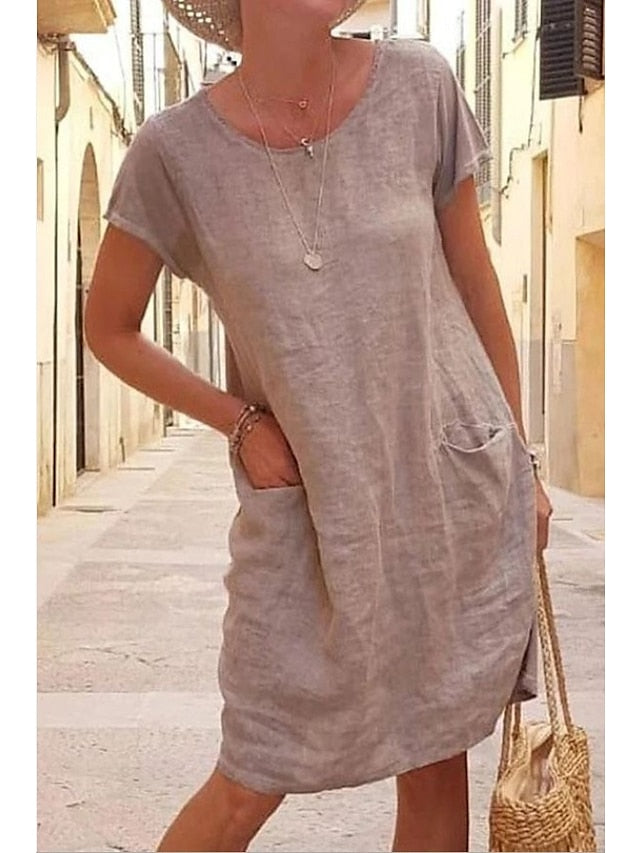 Womenâ€˜s Shift Dress Knee Length Dress Short Sleeve Pure Color Pocket Spring Summer Crew Neck Basic Casual Classic Loose 2023 S M L XL 2XL 3XL 4XL 5XL / Cotton - LuckyFash™