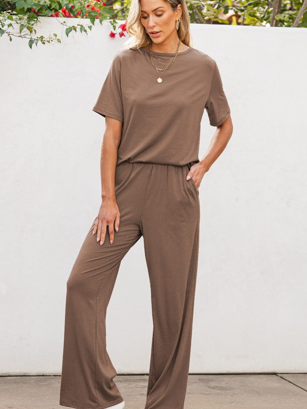 Smoke Gray Solid Color Wide Leg Pants Set with Matching T-Shirt