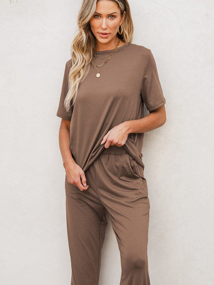 Smoke Gray Solid Color Wide Leg Pants Set with Matching T-Shirt