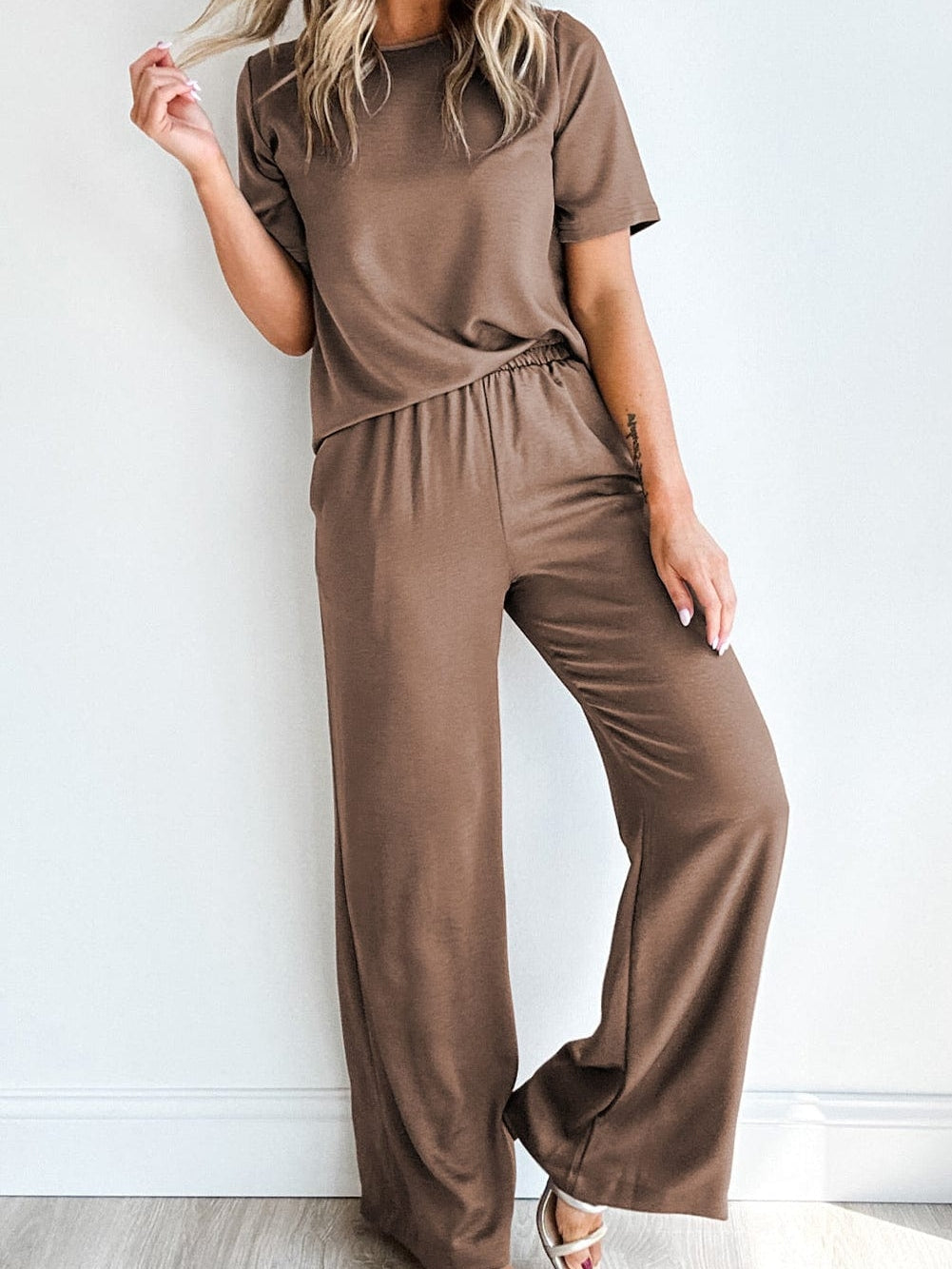 Smoke Gray Solid Color Wide Leg Pants Set with Matching T-Shirt