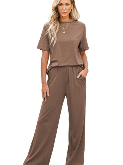 Smoke Gray Solid Color Wide Leg Pants Set with Matching T-Shirt