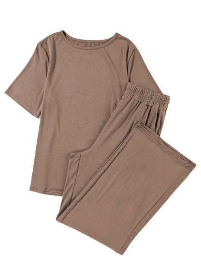 Smoke Gray Solid Color Wide Leg Pants Set with Matching T-Shirt