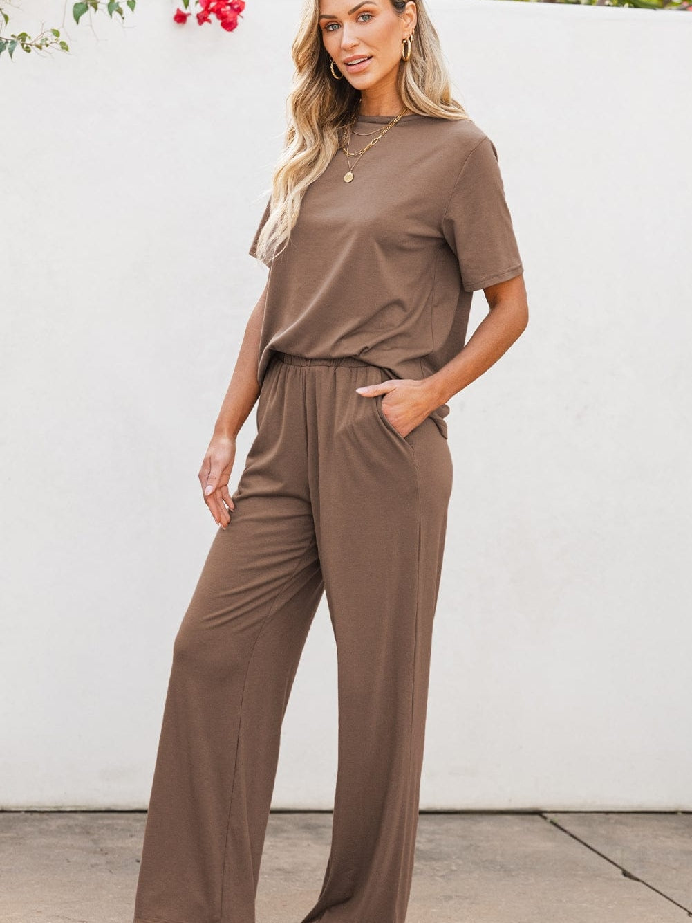 Smoke Gray Solid Color Wide Leg Pants Set with Matching T-Shirt