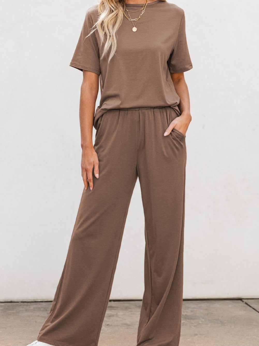 Smoke Gray Solid Color Wide Leg Pants Set with Matching T-Shirt