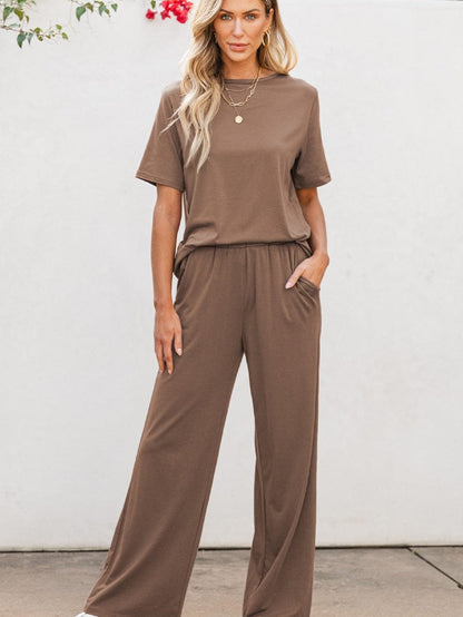 Smoke Gray Solid Color Wide Leg Pants Set with Matching T-Shirt