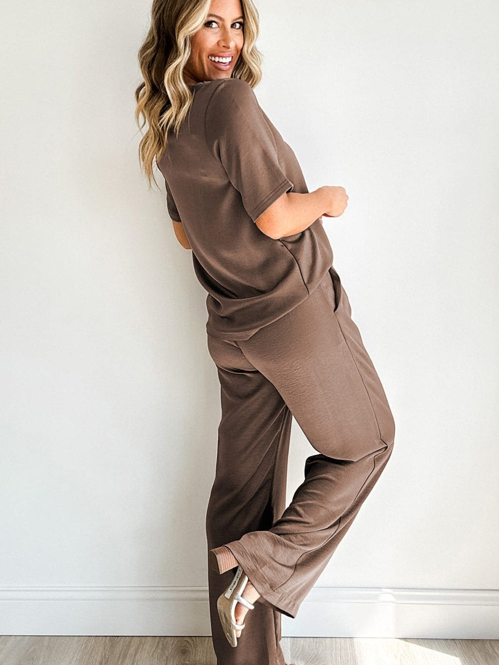 Smoke Gray Solid Color Wide Leg Pants Set with Matching T-Shirt