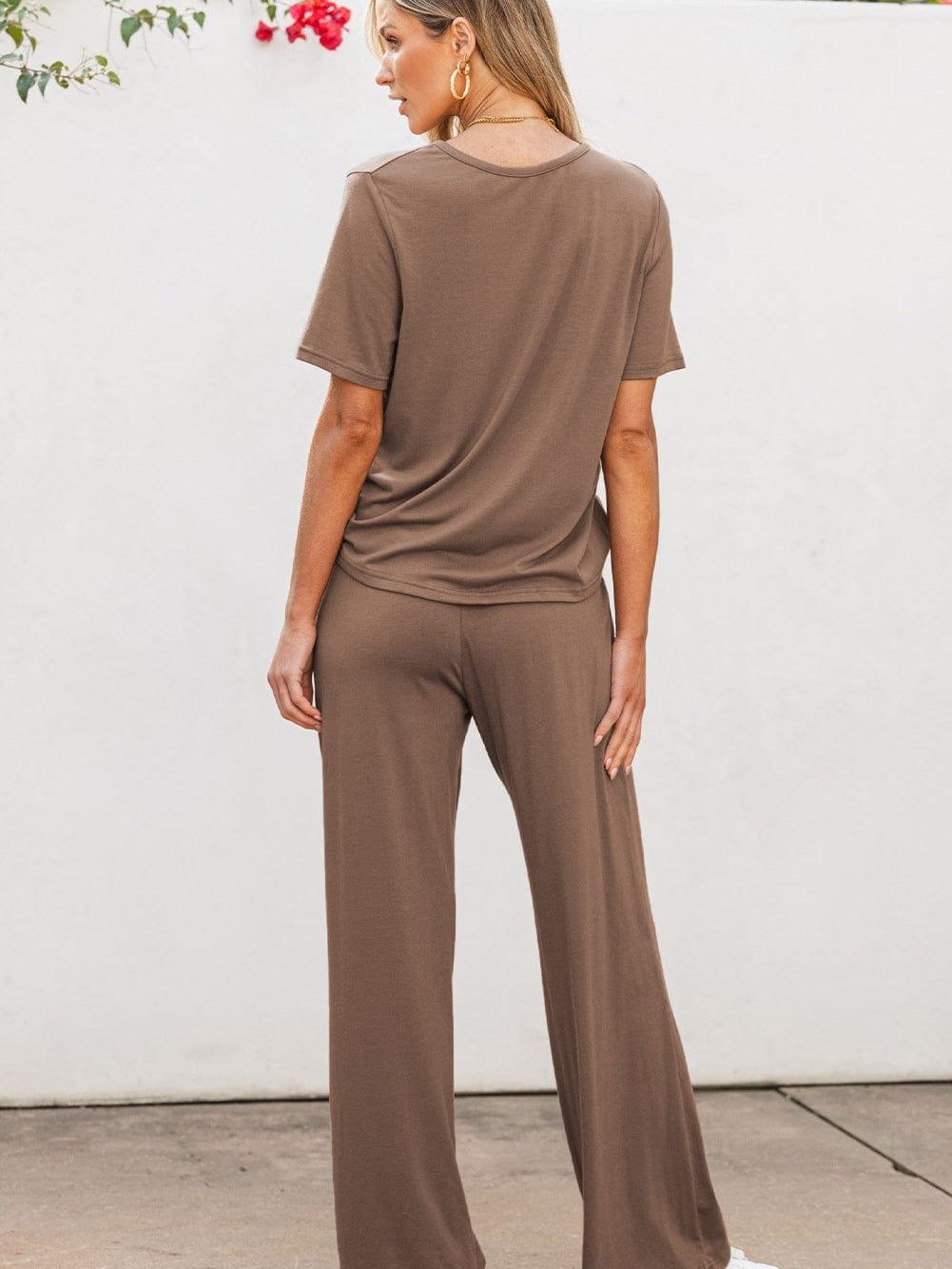 Smoke Gray Solid Color Wide Leg Pants Set with Matching T-Shirt