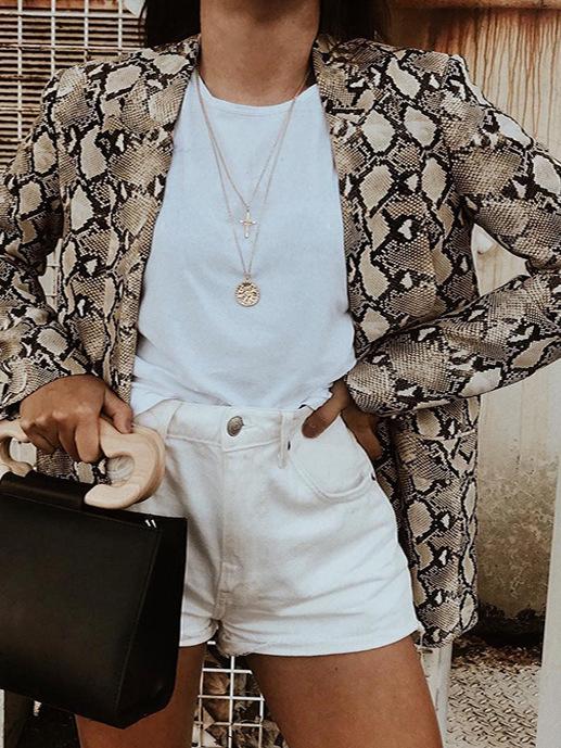 Snake Print Lapel Long Sleeve Slim Blazer