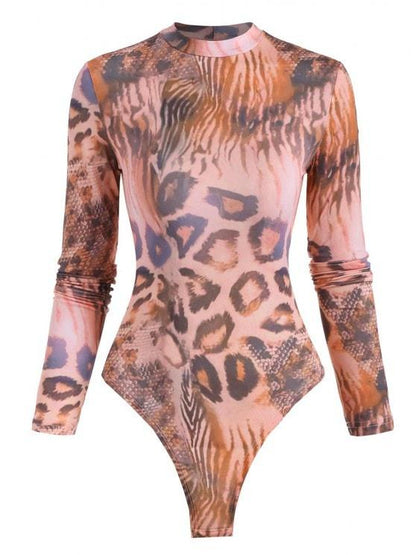 Snakeskin Leopard Mock Neck Bodysuit for Women