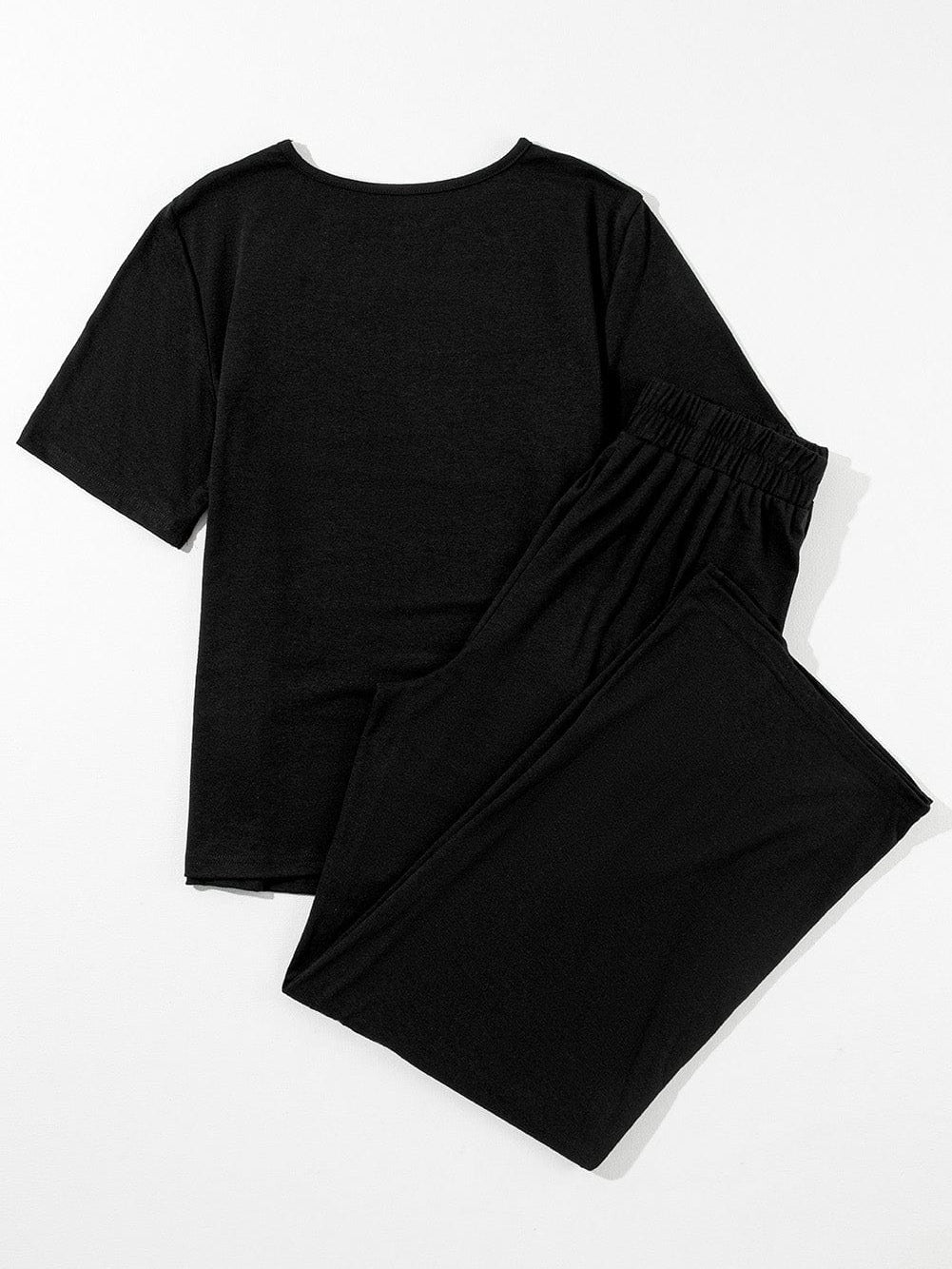 Solid Black Casual Two-Piece T-Shirt and Wide Leg Pants Set