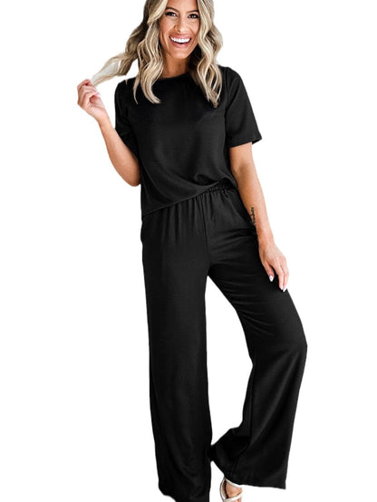 Solid Black Casual Two-Piece T-Shirt and Wide Leg Pants Set