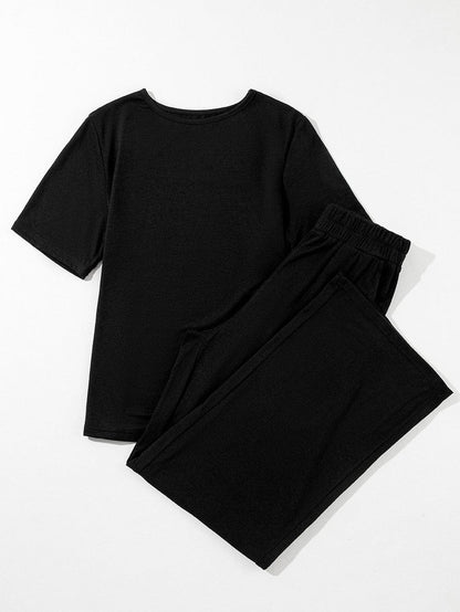 Solid Black Casual Two-Piece T-Shirt and Wide Leg Pants Set