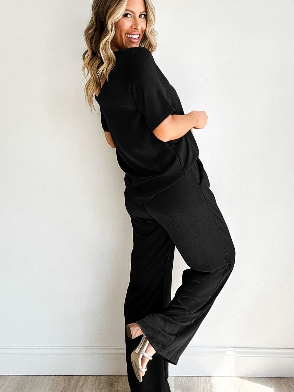 Solid Black Casual Two-Piece T-Shirt and Wide Leg Pants Set