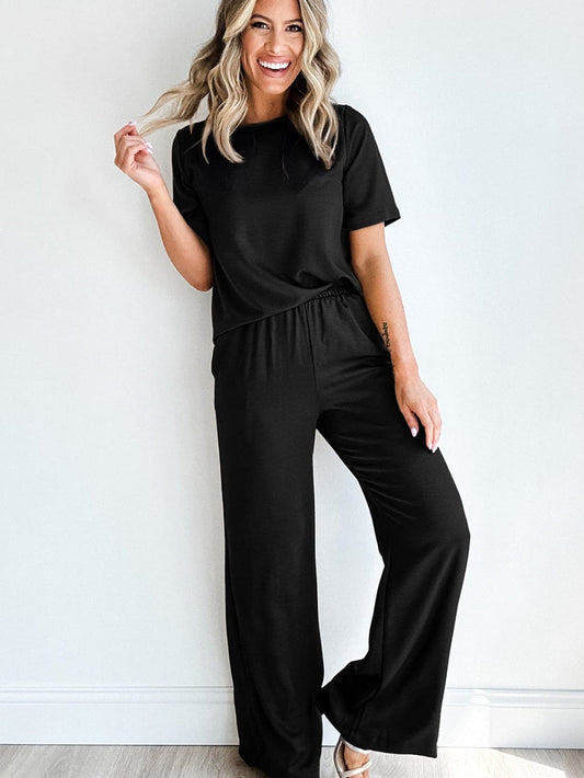 Solid Black Casual Two-Piece T-Shirt and Wide Leg Pants Set