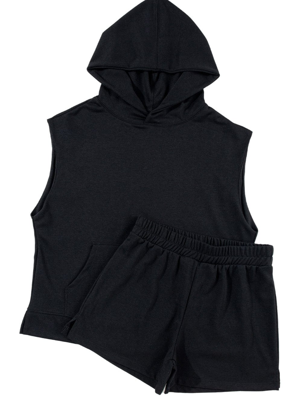 Solid Black Sleeveless Hoodie and High-Waist Shorts Set