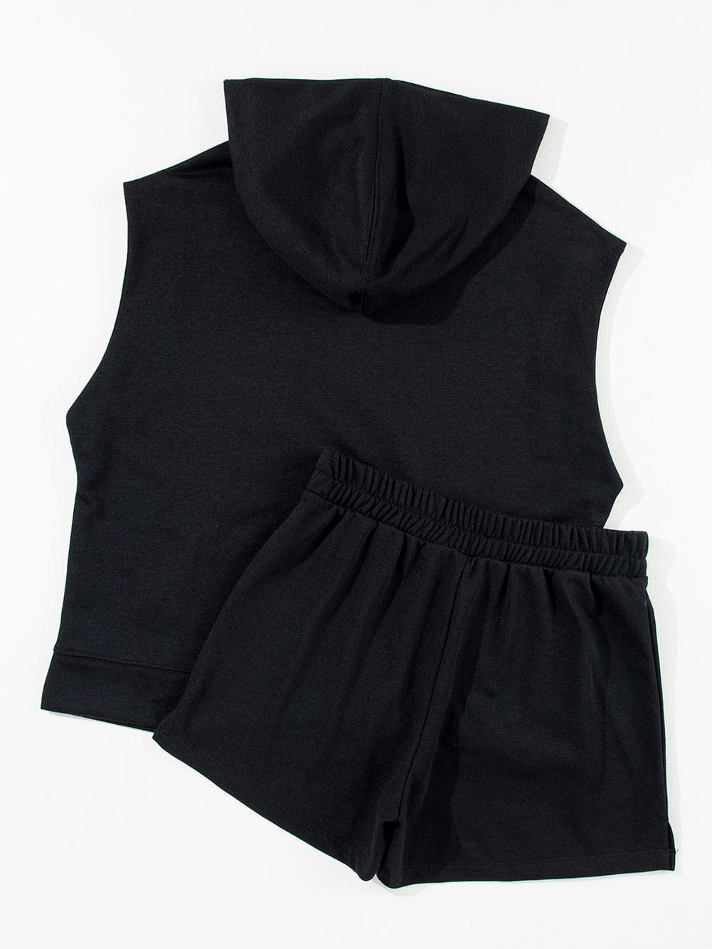 Solid Black Sleeveless Hoodie and High-Waist Shorts Set