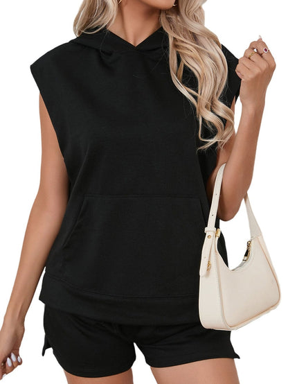 Solid Black Sleeveless Hoodie and High-Waist Shorts Set