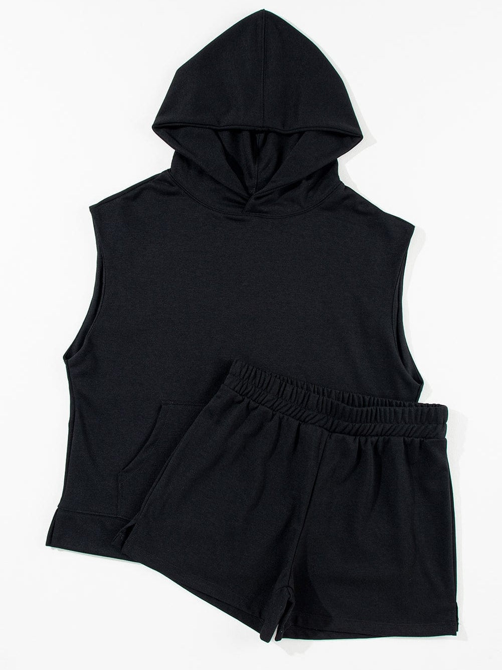 Solid Black Sleeveless Hoodie and High-Waist Shorts Set