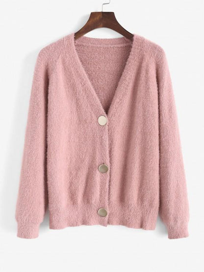 Solid Button Up Fuzzy V Neck Cardigan for Women