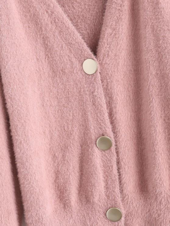 Solid Button Up Fuzzy V Neck Cardigan - LuckyFash™