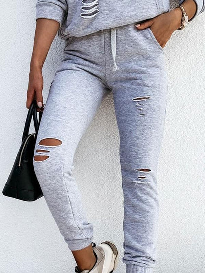 Solid Color Casual Burnt-Out Hoodie & Pants Suit for Women