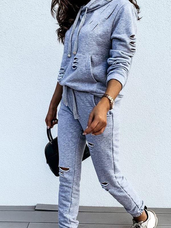 Solid Color Casual Burnt-Out Hoodie & Pants Suit - LuckyFash™