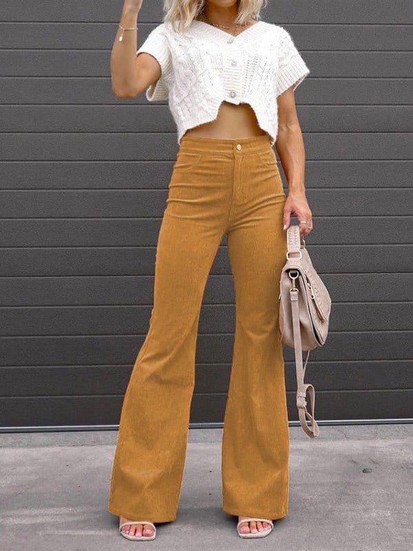 Solid Color Mid Waist Slim Micro Flare Pants