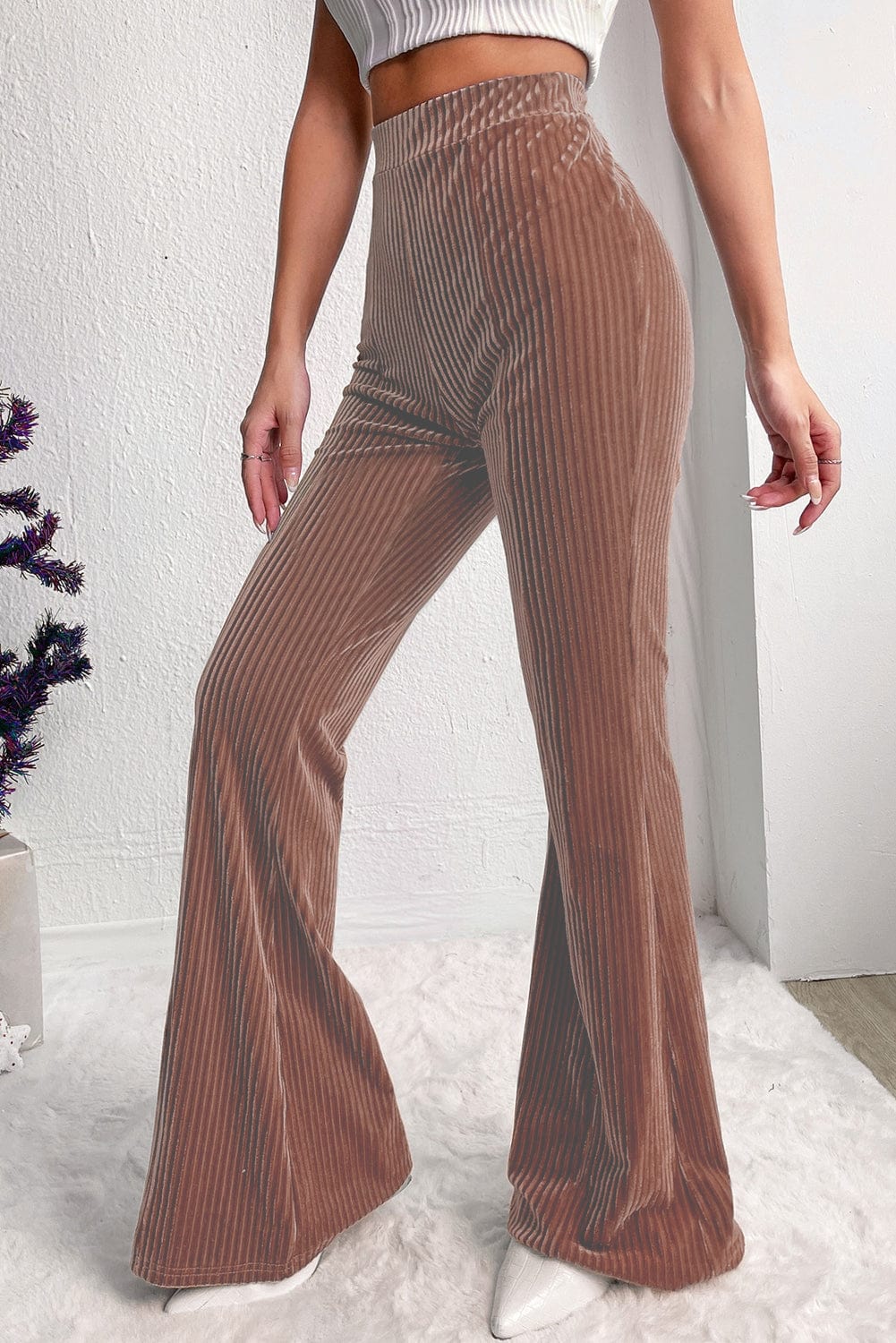 Solid Color Mid Waist Slim Micro Flare Pants