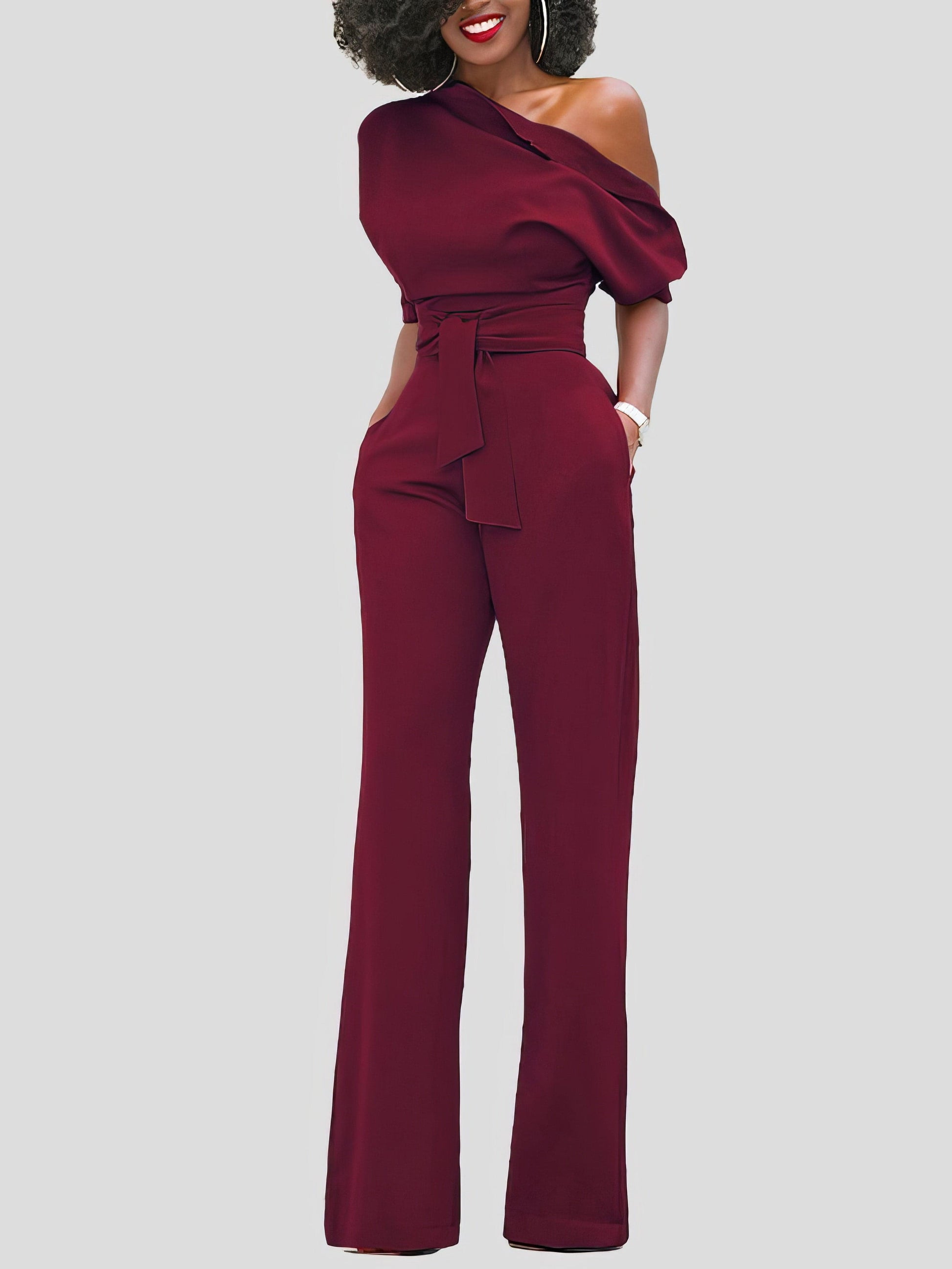 Solid Color One Shoulder Short Sleeve Jumpsuit