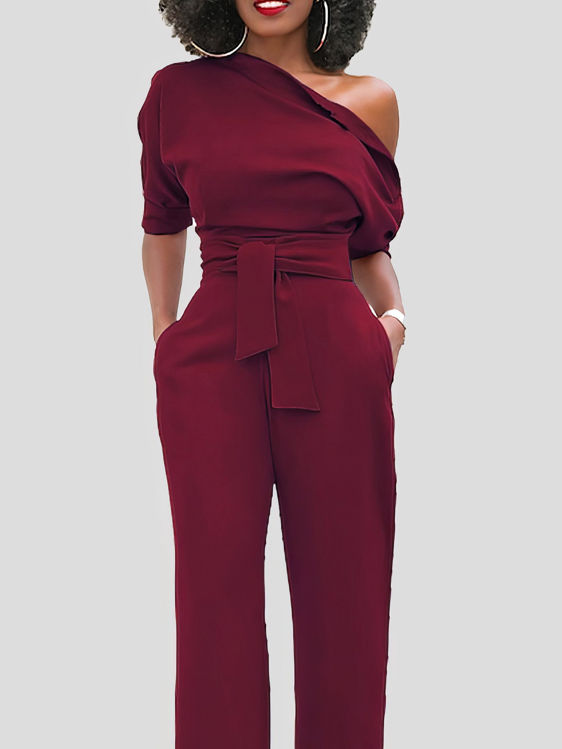 Solid Color One Shoulder Short Sleeve Jumpsuit