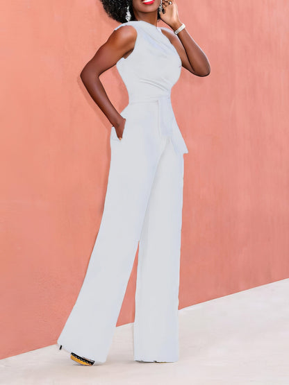 Solid Color One Shoulder Sleeveless Jumpsuit