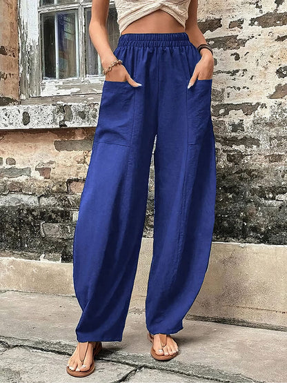 Solid Color Pocket Casual Elasticized Pants