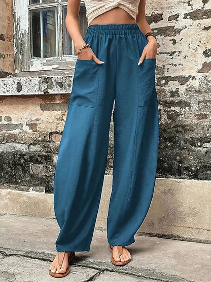 Solid Color Pocket Casual Elasticized Pants