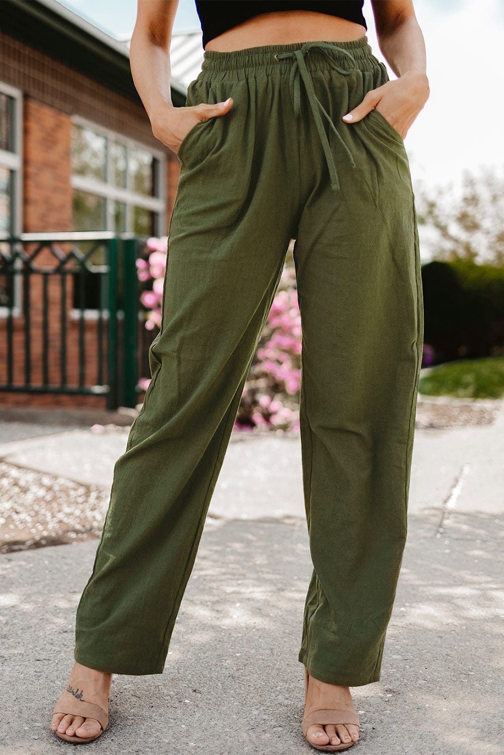 Solid Color Pocket Casual Elasticized Pants