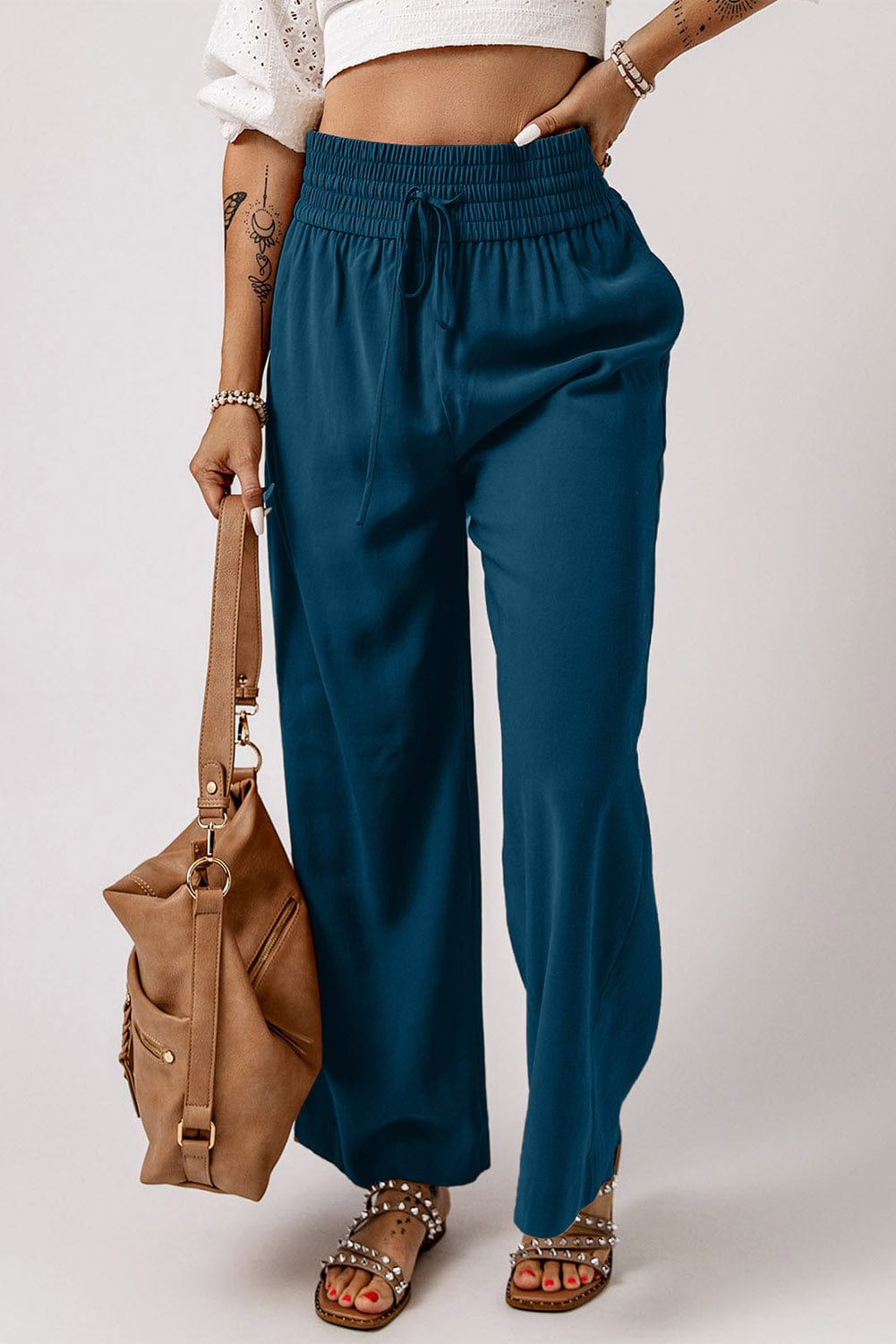 Solid Color Pocket Casual Elasticized Pants