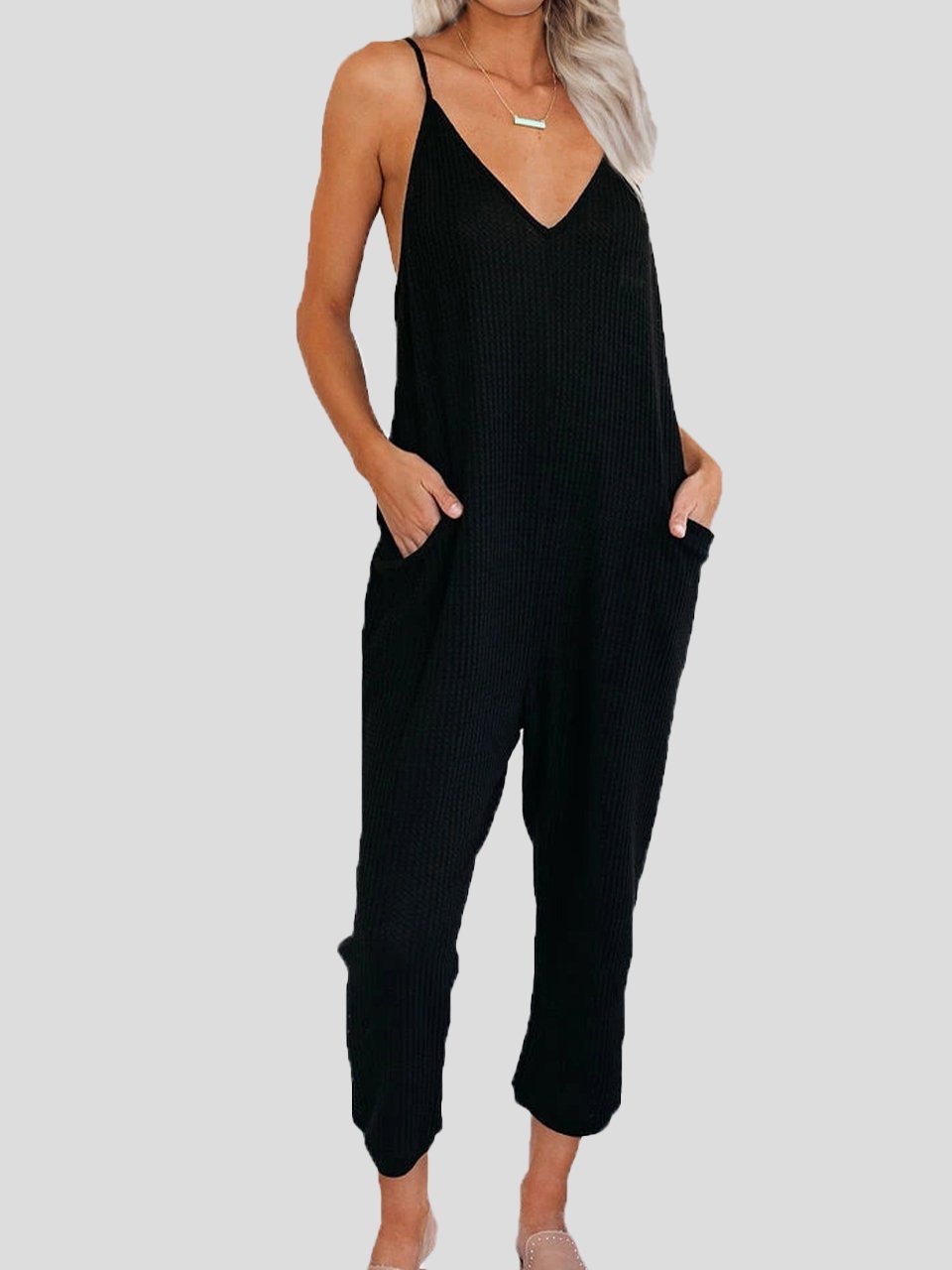 Solid Color V-neck Suspender Jumpsuit - LuckyFash™