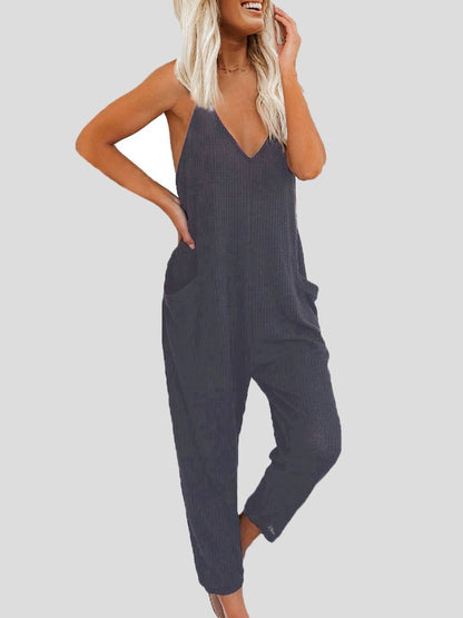 Solid Color V-neck Suspender Jumpsuit - LuckyFash™