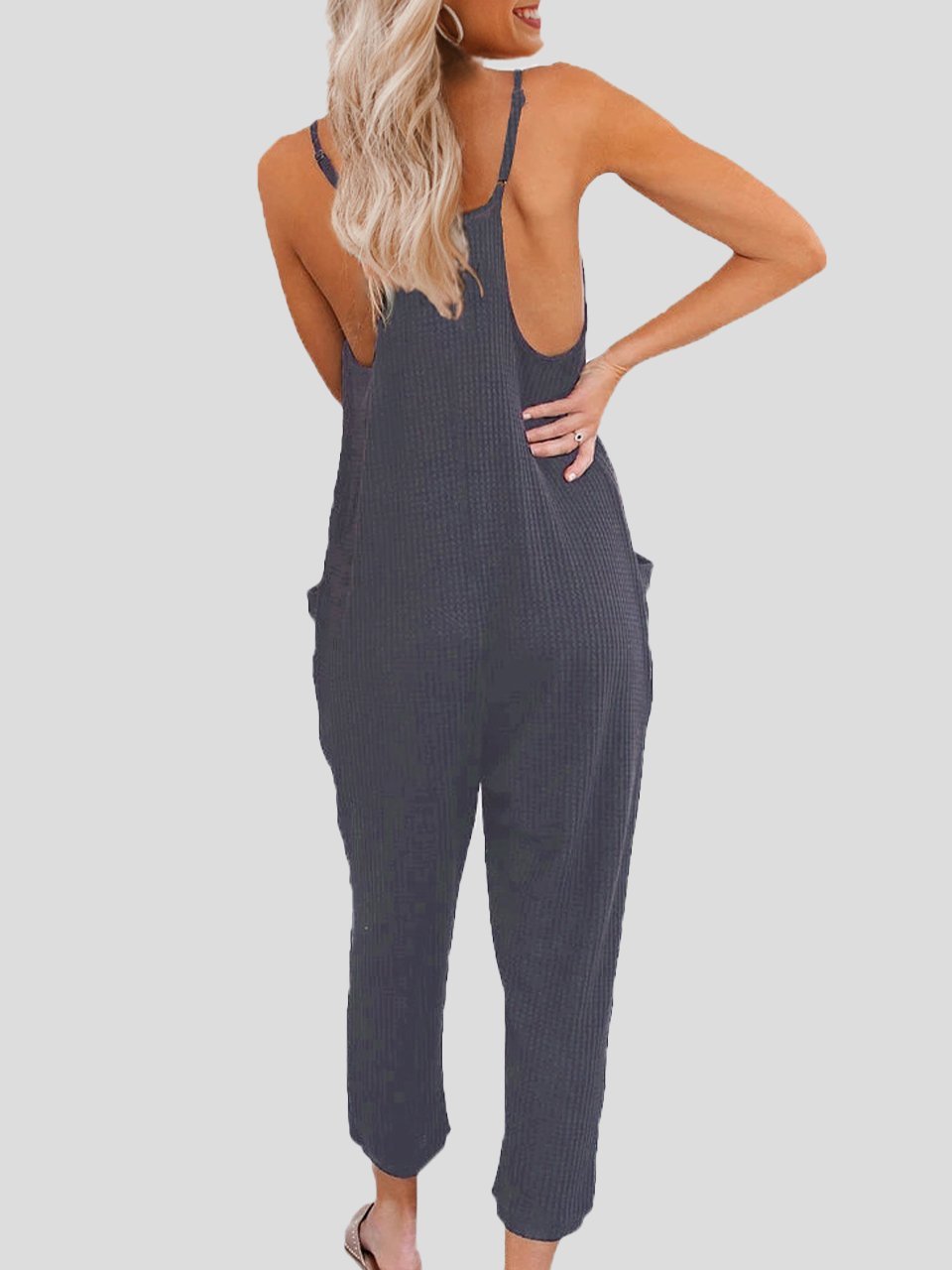 Solid Color V-neck Suspender Jumpsuit - LuckyFash™