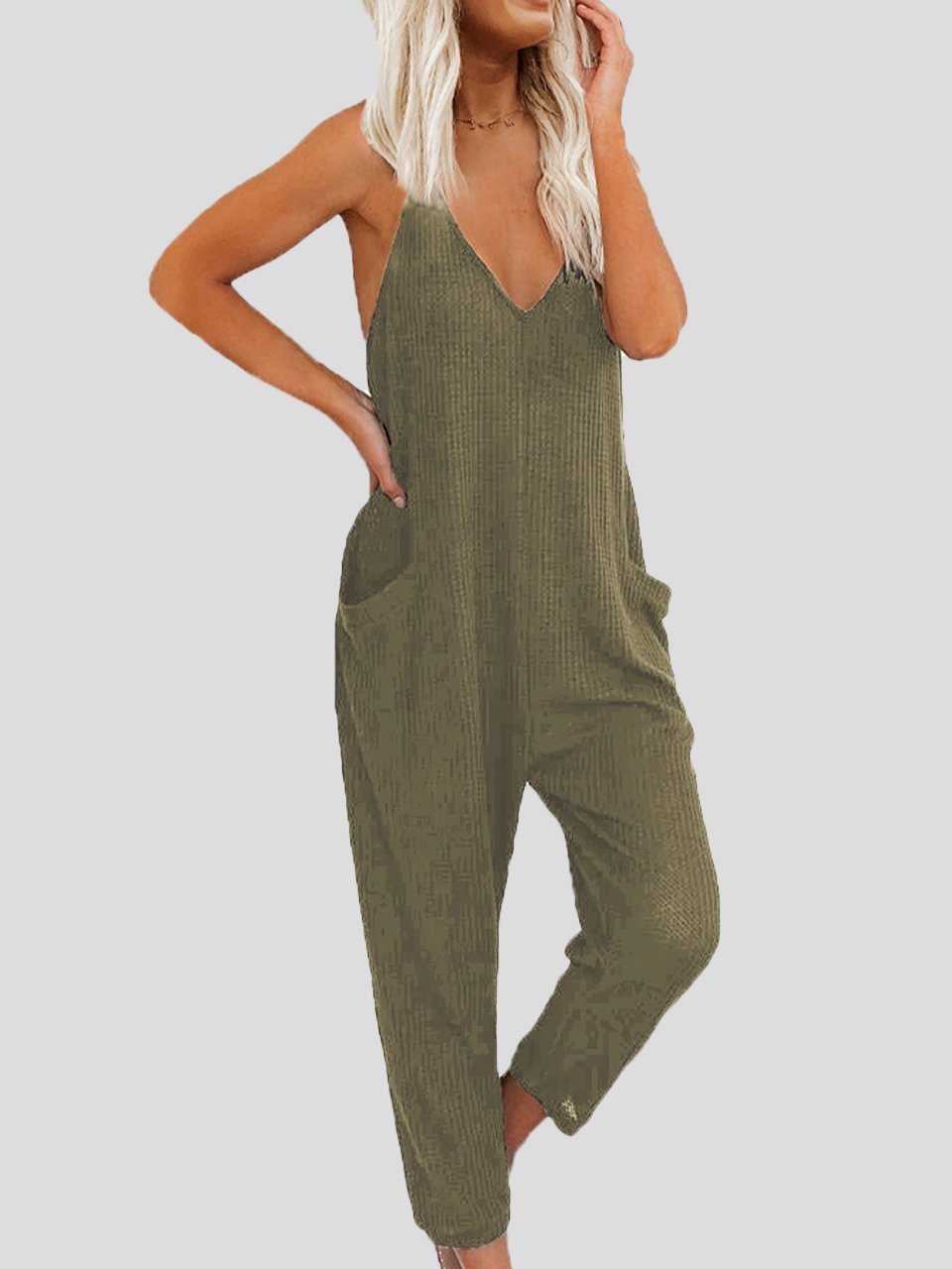 Solid Color V-neck Suspender Jumpsuit - LuckyFash™