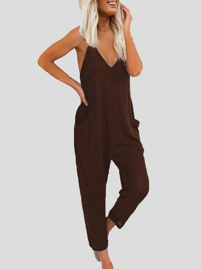 Solid Color V-neck Suspender Jumpsuit - LuckyFash™